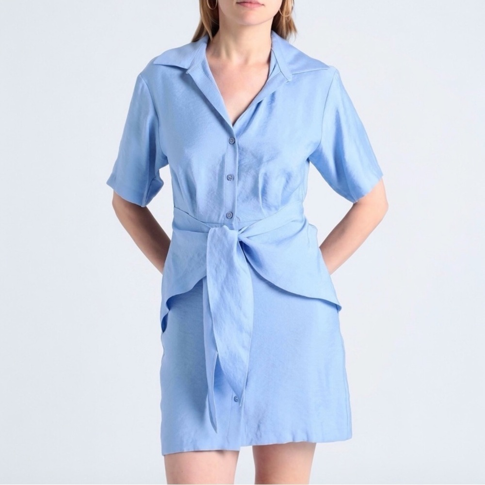 & Other Stories Light Blue Shirt Mini Dress with Tie-Waist Detail • Size 6